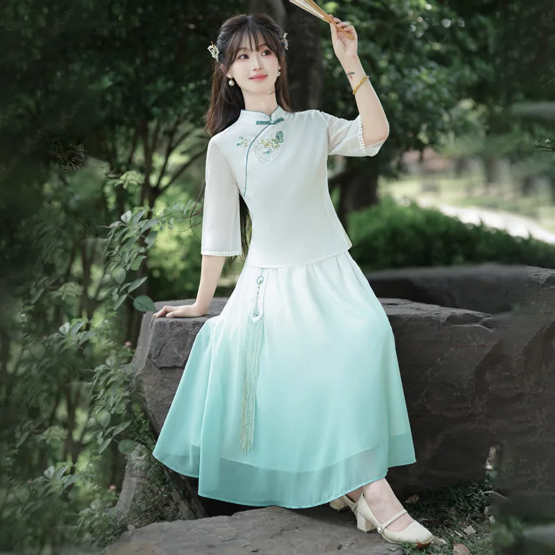 

YOUDEYISI Chinese-style Cotton Embroidered Slim-fitting Disc-buckled Tea Clothes Top Refreshing and Elegant Chiffon Skirt Cover