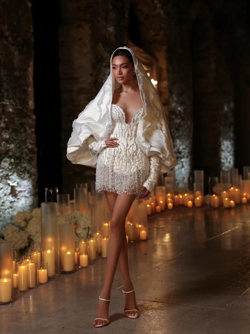 

Elegant Short Reception Wedding Dress With Beaded Bodice and Oversized Pearl-Trimmed Satin Cape Customized Chic Stunning Wear