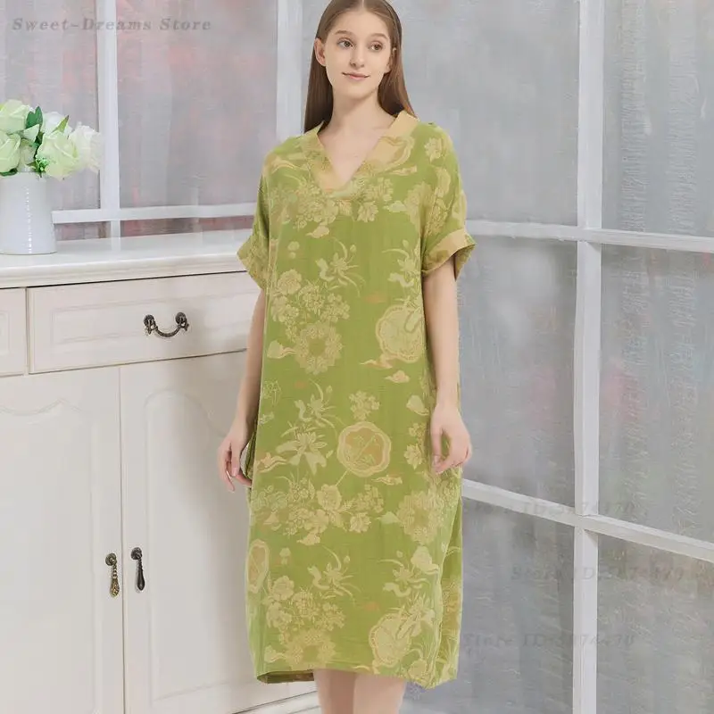 Spring Summer Short Sleeved Nightgown Cotton Jacquard Nightdress Long V-Neck Home Dressing Loose Casual Sleepwear Loungewear 3