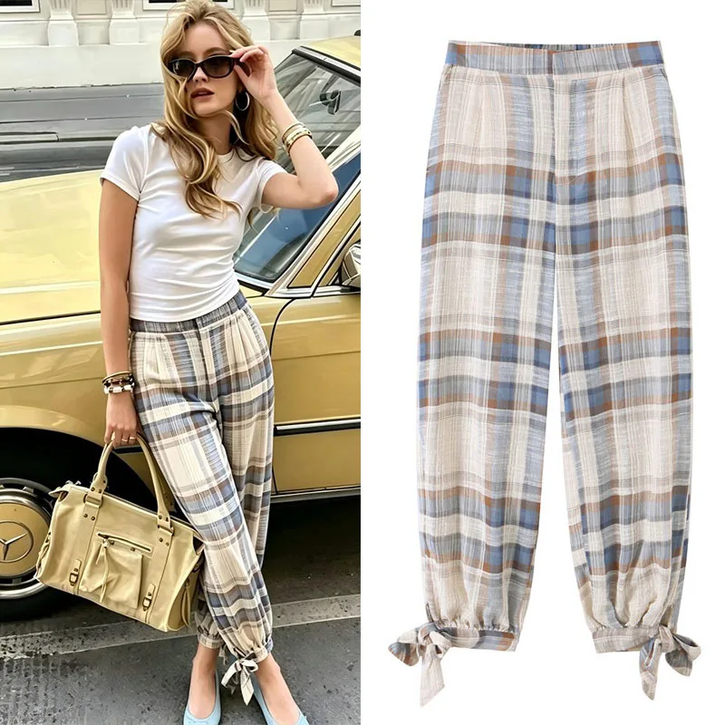Guobioziy Women's Top 2026 New Retro Plaid High-Waist Drawstring Joggers Loose Fit Pants Flatter Your Legs Versatile Style