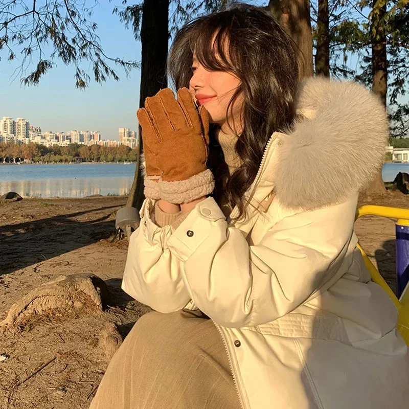 Chaqueta de plumón de pato blanco para mujer, abrigo grueso de longitud media, Cuello de piel suelto, diseño de nicho, moda de invierno, 2023