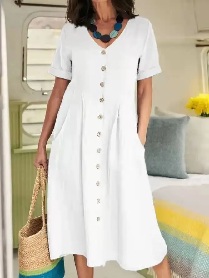

Female Robe Solid Color 2025 Summer Retro Simple Casual Fashion V-neck Buttons Cotton Linen Short Sleeve Mid-Length Loose Dress