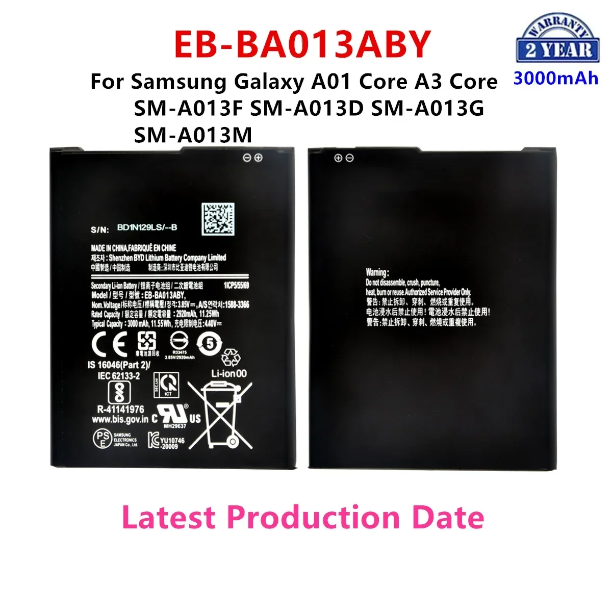 

Brand New EB-BA013ABY 3000mAh Battery For Samsung Galaxy A01 Core A3 Core SM-A013F SM-A013D SM-A013G SM-A013M