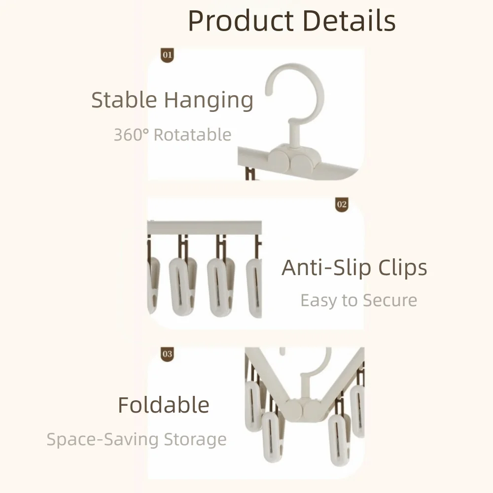 

3 Pieces Windproof Underwear Sock Clips Non-Slip Rotatable Sock Drying Rack Space Saving Detachable Wardrobe Organizer Dormitory