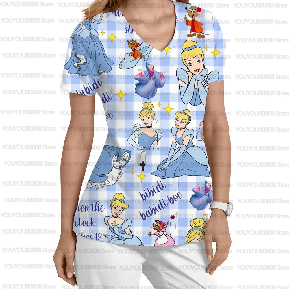 Uniformes médicaux princesse sirène Disney, ruban rose, motif de chasseur de cancer, uniformes pour femmes, col en v, manches courtes avec poches t