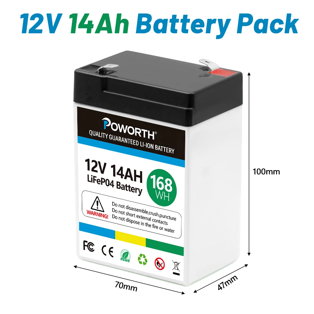Nueva Batería LiFePO4 de 12V 14Ah con BMS, Batería Recargable de Litio Ferrofosfato de 12V 12000mAh para Luz de Emergencia/Auto para Niños