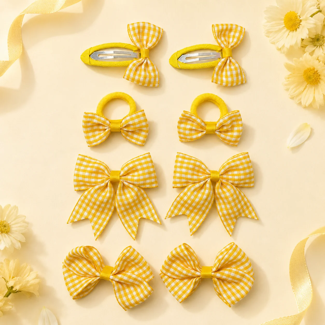 8Pcs Checkered Bow Hair Clips Set for Kids Girls Snap Clips BB Clips Ponytail Holders Back to School Student Hair Accessories Gi