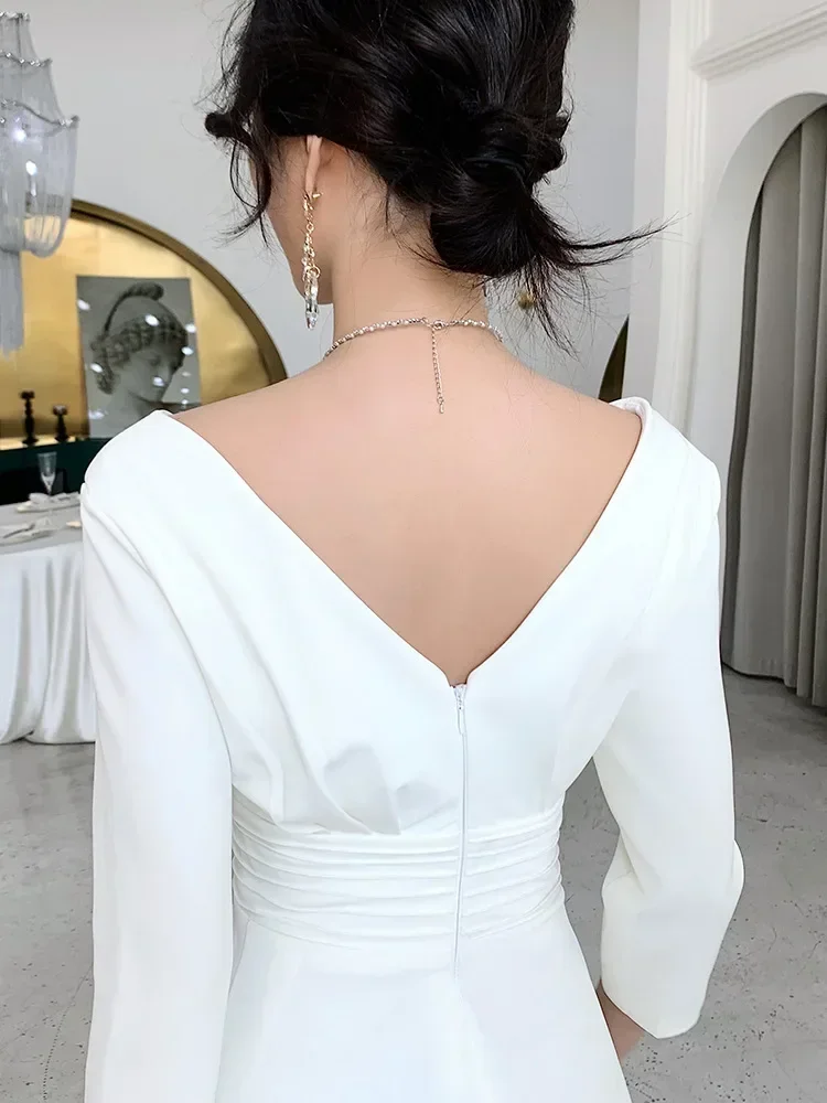 

White French Formal Party Dress Elegant Women Qipao Chinese Dress Exquisite Pleated A-line Robe De Soiree Floor-Length Cheongsam