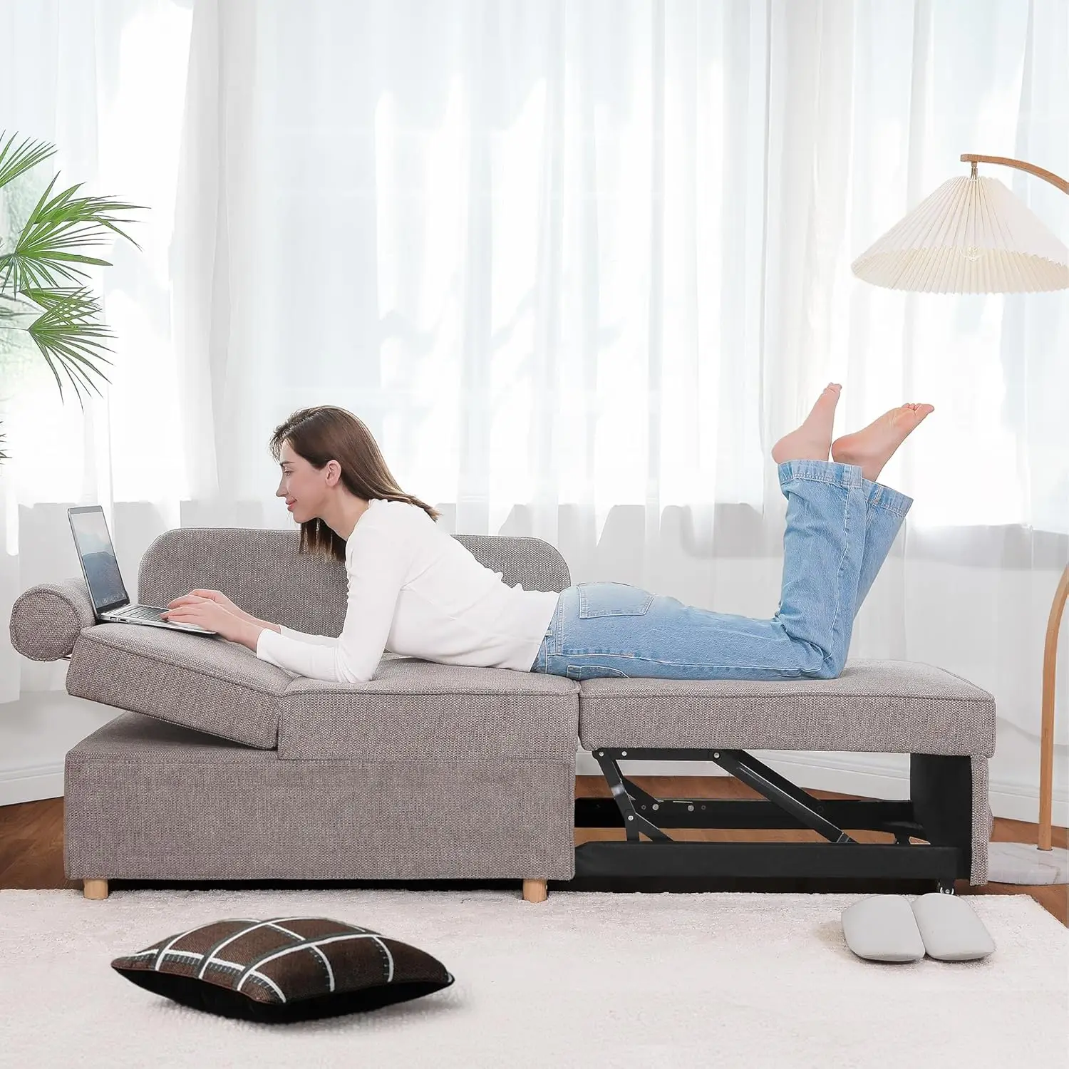 슬리퍼 소파 침대 컨버터블 소파, 린넨 원단 러브 시트 소파, 2 개의 스로우 베개, 작은 공간용 싱글 리클라이너, 4 인 1