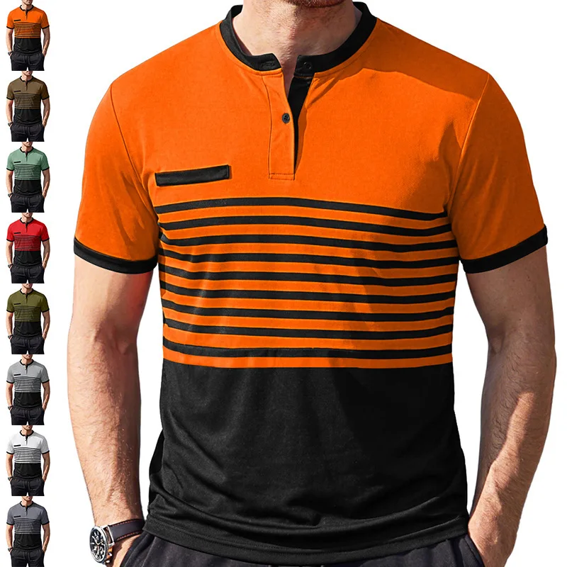 Men's Striped Color Block Henley T‑Shirt Short Sleeve Button Placket Decor Pocket Casual Summer Tops
