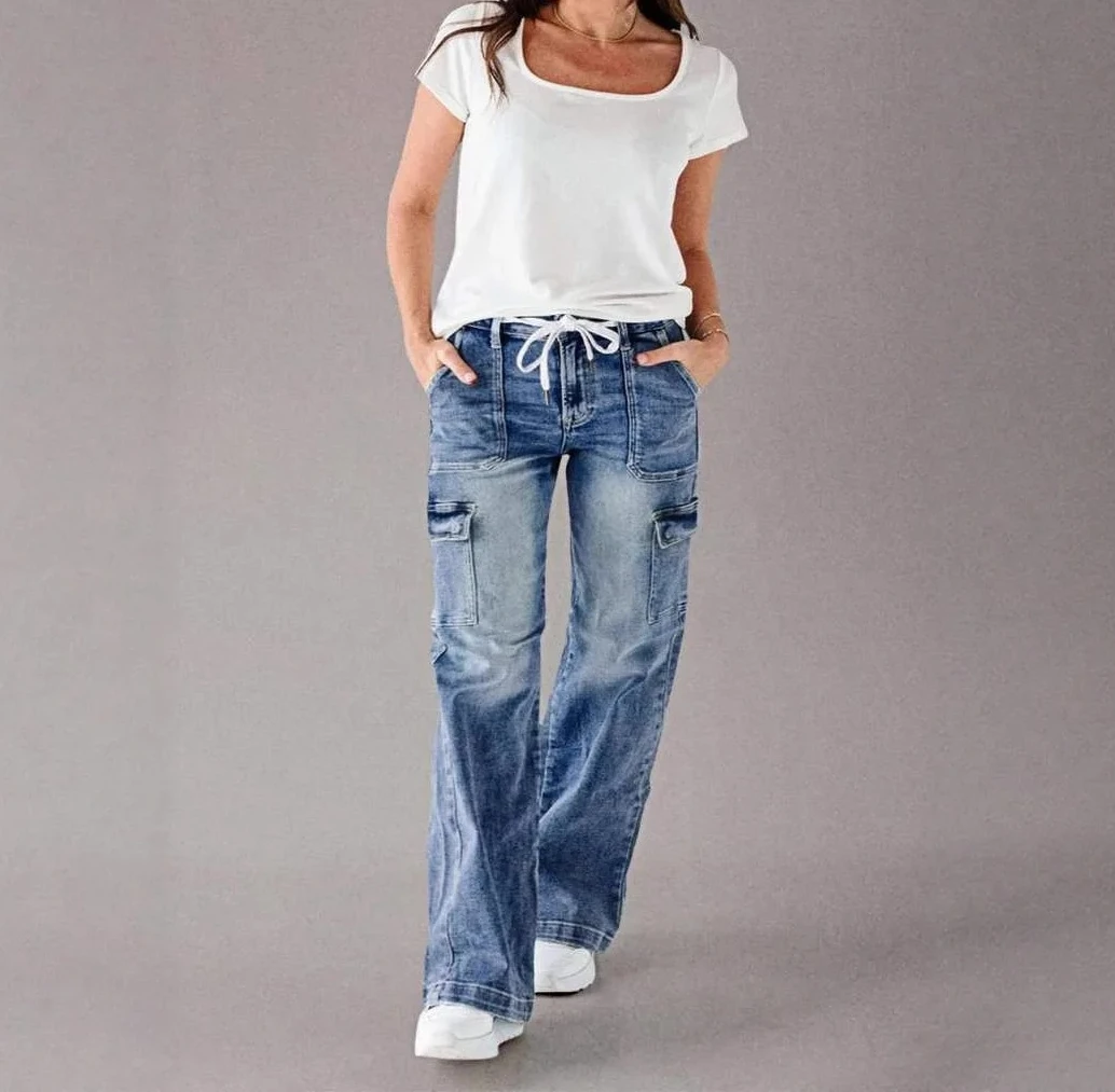 

Cargo Pants Jeans Women Straight Trousers Multiple Pockets Lace Up Washed Distressed Streetwear Vintage Full Length Denim Mom