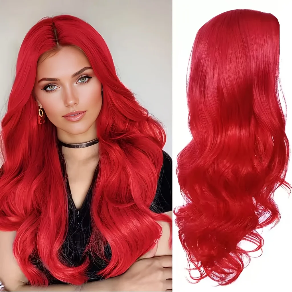 with Middle Part Heat Resistant Easy Styling for Cosplay  Everyday Glam Fashion Forward Versatile Red Curly Synthetic Wig