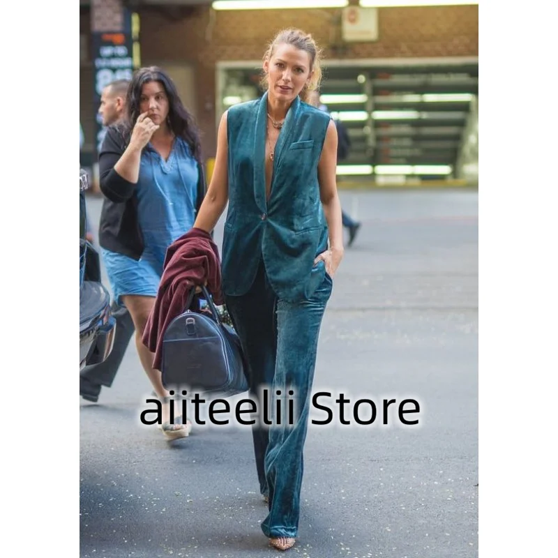 Women's 2 Piece Vest Pant Velvet Luxurious Elegant V Neck Ladies Solid Color Single Button Slim Fit Sleeveless Business Top