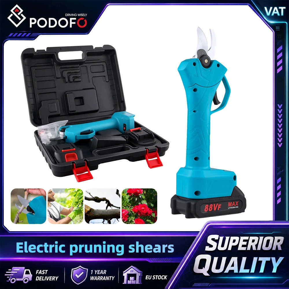 Forbici da potatura elettriche a batteria Podofo 21V, ideali per il giardinaggio, per tagliare rami e potare alberi da frutto, con 2 batterie agli ioni di litio e caricabatterie, lama in acciaio,