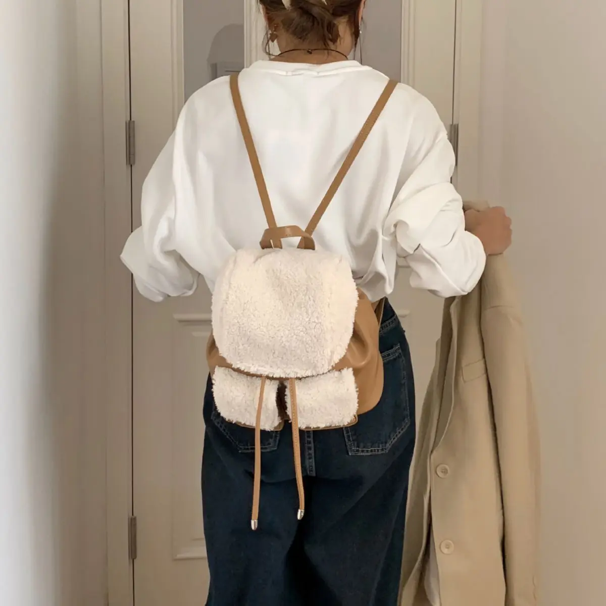 Vintage Korean Style Wool Pocket Women Backpack Retro Solid Color Hot Ins Travel Commuter Women Backpack Fashion Ladies Bag