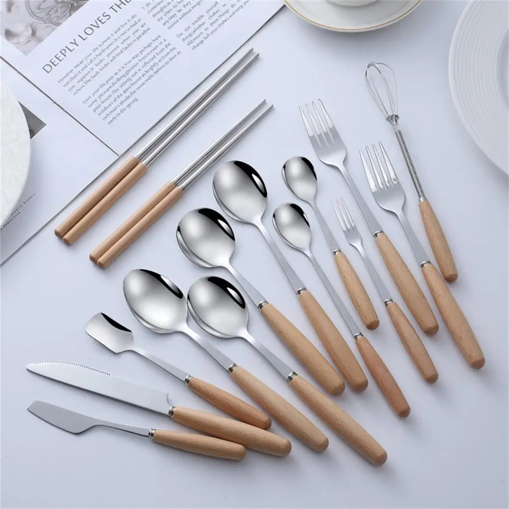 Japanese Style Wooden Handle Stainless Steel Knife Fork Spoon Western Food Steak Knife Tableware Chopsticks Fruit Dessert Fork