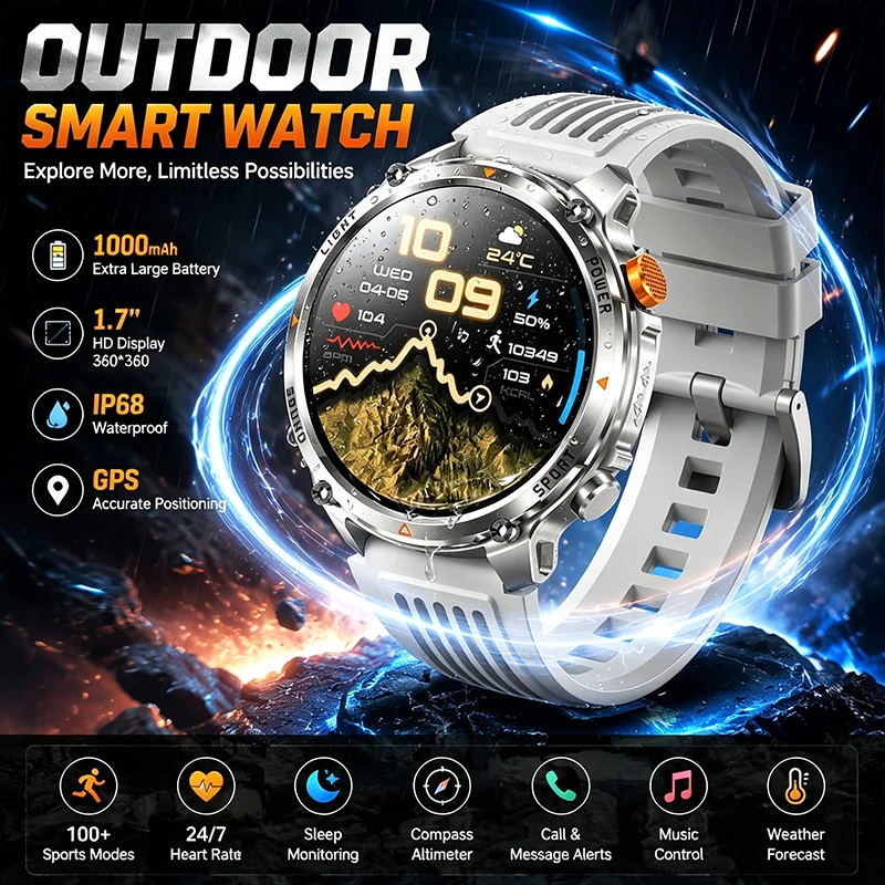 2026 New Outdoor Smart Watch Information Push IP68 Waterproof Health Monitoring 100+Sport Mode Multi-Dial Bluetooth Smart Watch