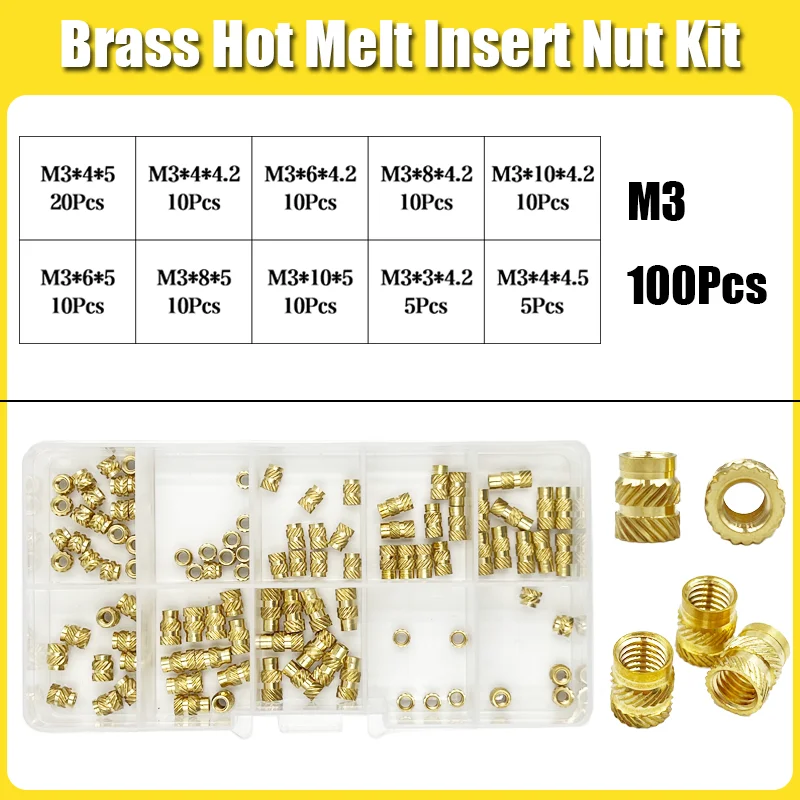 Messing-Einsatzmutter-Set mit Gewinde M2 M2,5 M3 M4 M5 M6 M8 Hot Melt Heat Rändel Embed Injection Kupfer-Einsatzmutter für 3D-Druck-Kunststoff