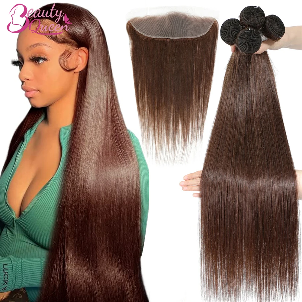 BeautyQueen #4 Brown Color Straight Bundles With Frontal 30 32 Inch Brazilian Human Hair 3 Bundles Deal Hair Extensions Tissage