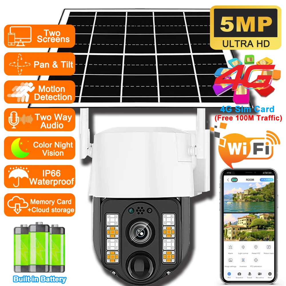 

4G Solar Camera Wireless WiFi Outdoor Low Powered Battery PTZ PIR Human Detect Waterproof Smart Security Home IP Cameras CCTV