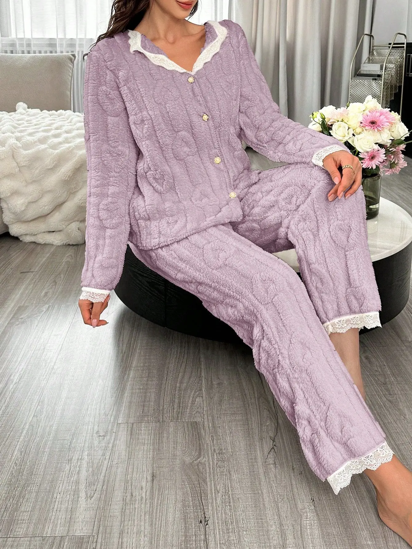 

Женский элегантный фланелевой пижамный комплект с длинными рукавами и кружевной отделкой на лацканах, топ и длинные брюки, мягкая зимняя одежда для сна, домашняя одежда, пижамы