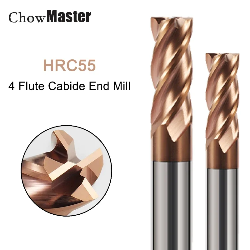 Chowmaster HRC55 Carbide End Mill 4 Flute Coated Tungsten Steel Endmill for Steel CNC Tools 3 4 5 6 8 10 12 14 16 18 20mm Shank