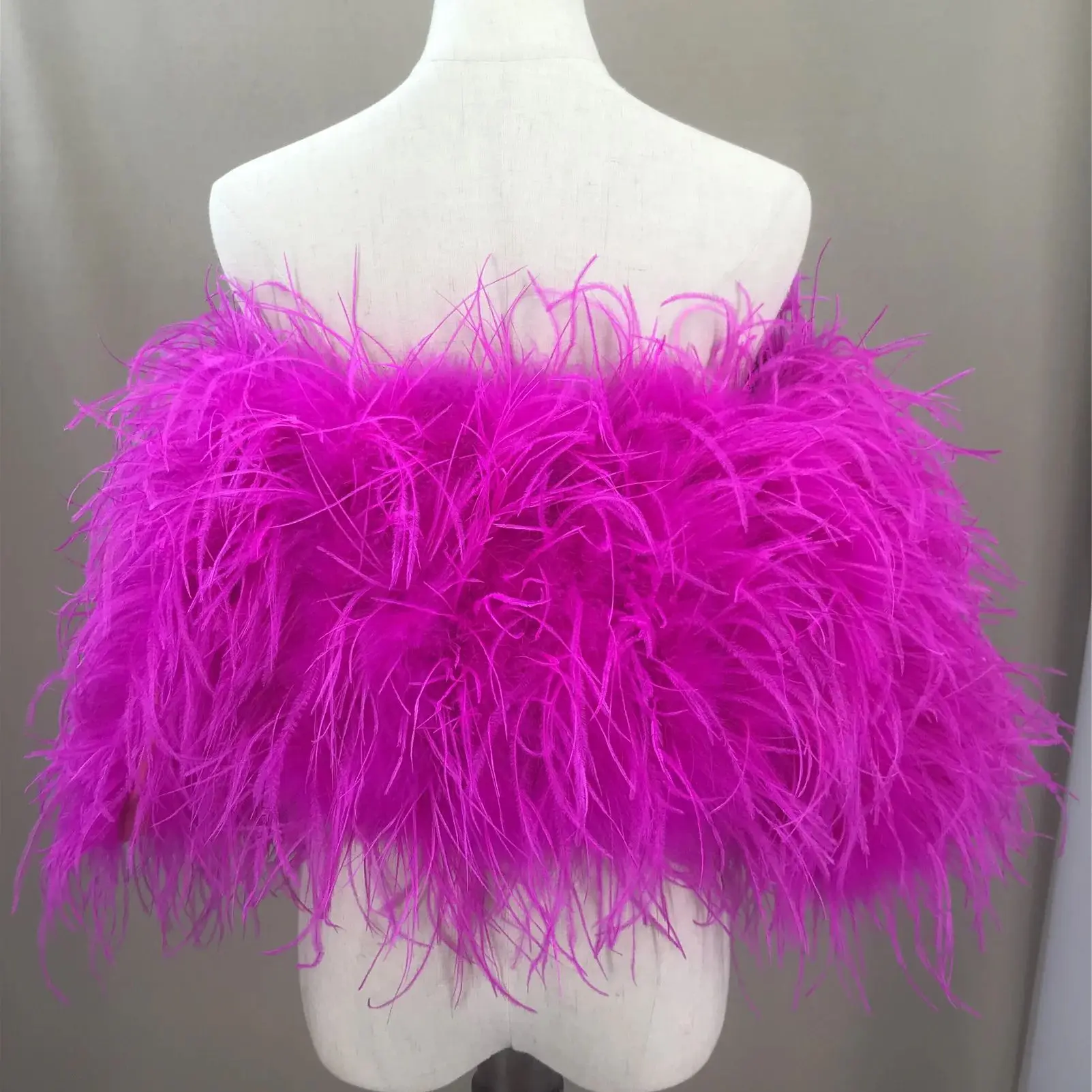 natural ostrich feather off shoulder tube top with half sleeve  winter  furry luxurious   Strapless for party 230834