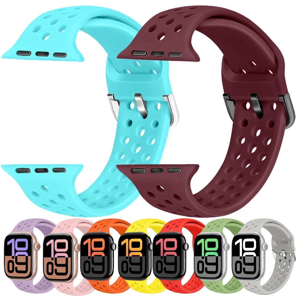 

Силиконовый ремешок для Apple Watch Ultra/2/3 49 мм 46 мм 45 мм 44 мм 42/41/40 мм Спортивный дышащий браслет для часов 11 10 9 8 7 6 5 4 SE