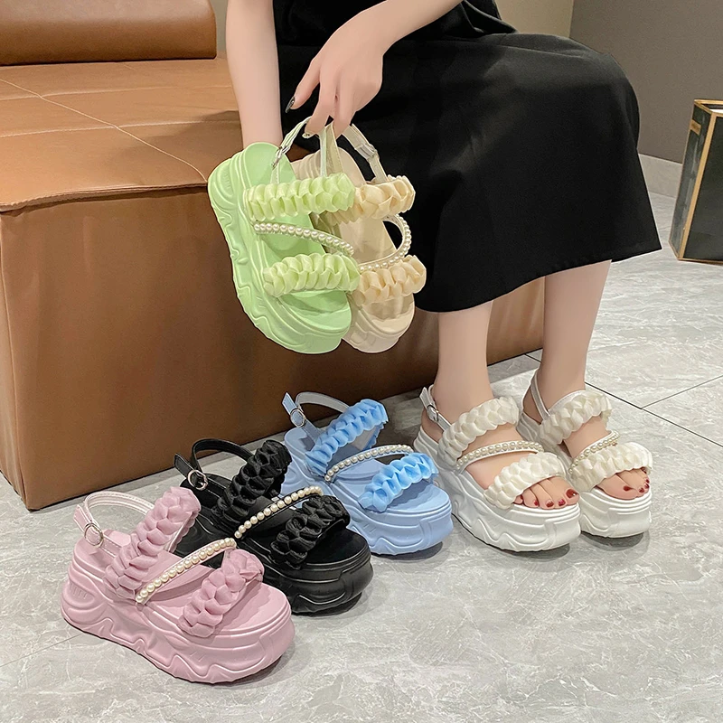 Summer 2023 Casual High Platform Sandals Women Buckle Strap Slippers Thick Bottom Pearl Sandalias Woman Chunky Beach Shoes Mujer