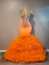 Orange Sparkly African Evening Pageant Dresses Luxury Diamond Crystal Ruffles bottom Prom Queen Birthday Gown for Black Girl