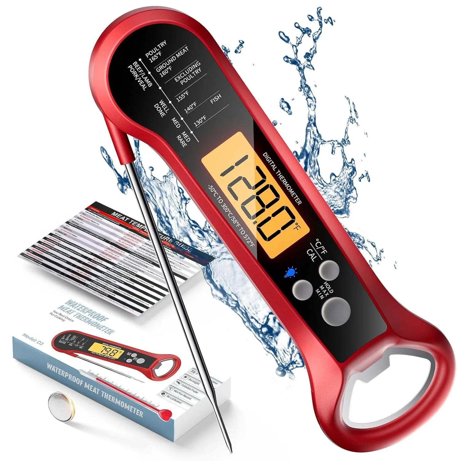 

Meat Thermometer Digital Kitchen Thermometers Bottle Cap Opener Instant Read Backlight Foldable Waterproof Termos for BBQ Griddl