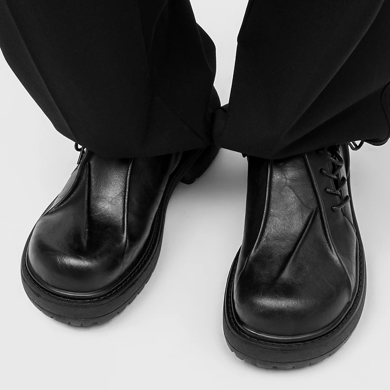 Spring Autumn New Men Pleated Thick Soled Derby Shoes with Diagonal Straps To Increase Height Trendy Daily Wear Single Shoes