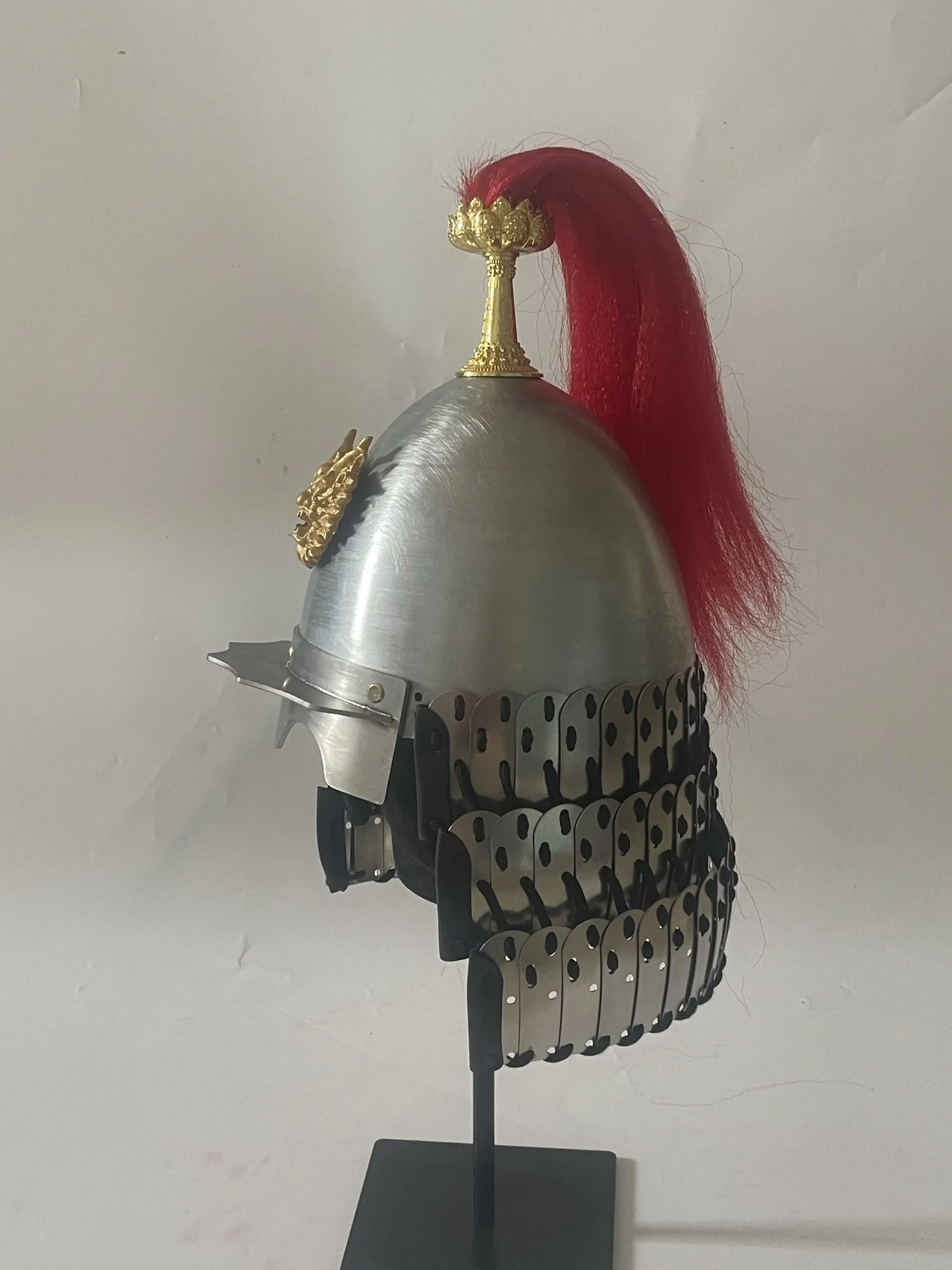 Song Ming Dynasty General Metal Helmet, Traditional Chinese Combat Head Armor with Red Tassel Ornament for Cosplay Costume Colle