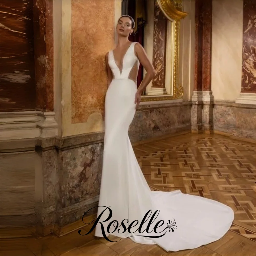 ROSELLE Modern Deep V-Neck Sleeveless Mermaid Wedding Dress Beading Cut Out Open Back 2026 Bridal Customized Vestido De Novia