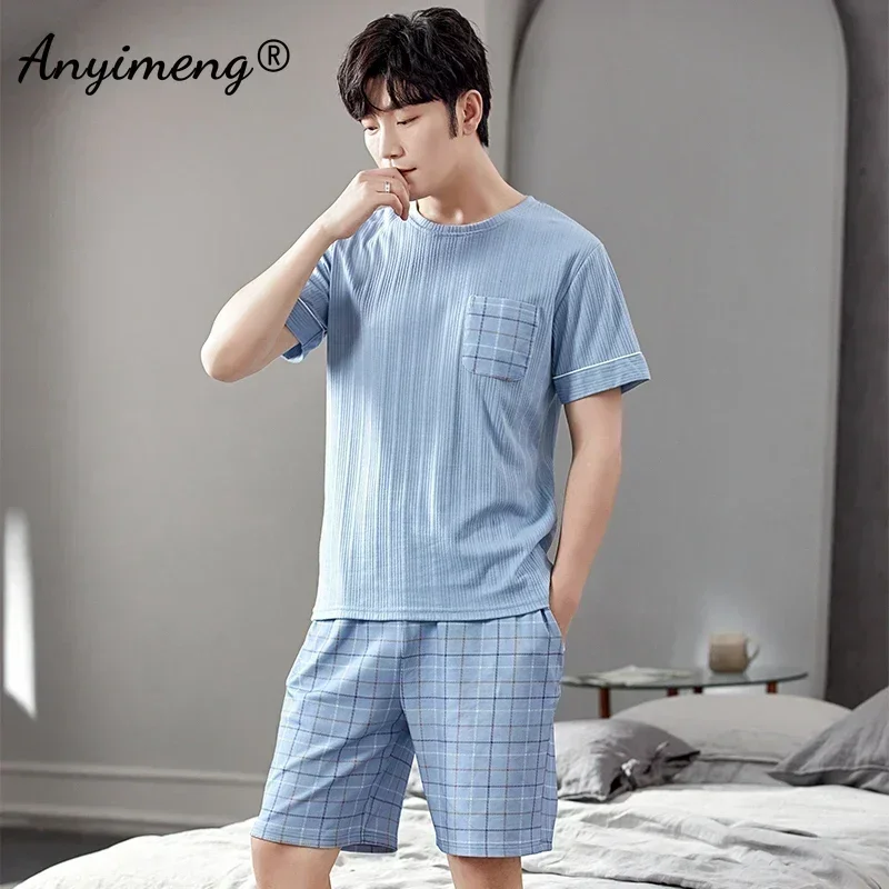 Young Men Pajamas for Summer Soft Cotton Home Suit Men\'s Pijama Sets Pullover Plaid Male Short Sleepwear Casual Youth Loungewear