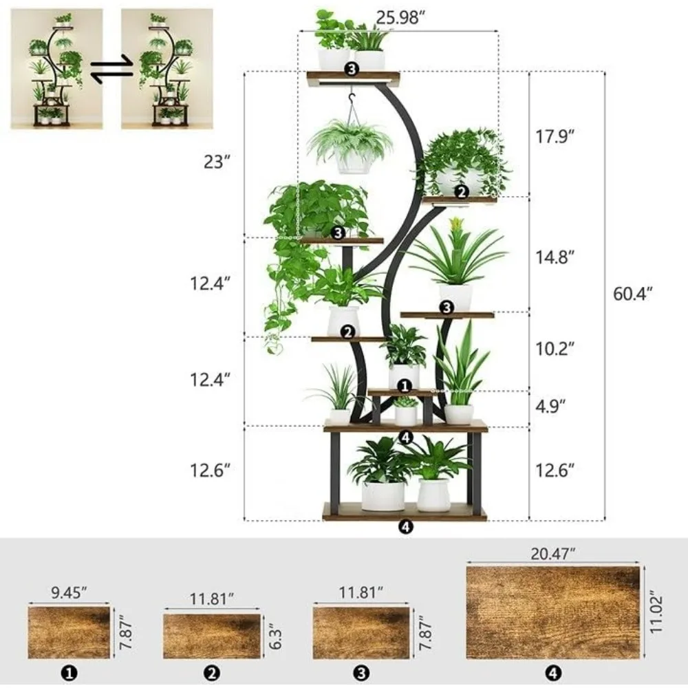 حامل نباتات معدني مكون من 8 طبقات مع أضواء للنمو، رف داخلي بطول 60.4 بوصة للنباتات المتعددة، ديكور المنزل #6