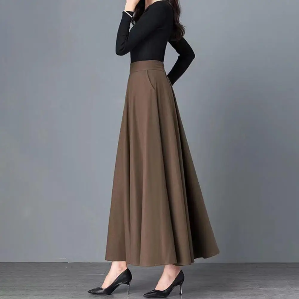 

Solid Color High-waisted Skirt Elegant Women's Maxi Skirt with Pockets High Waist A-line Office Lady Skirt Solid for Stylish