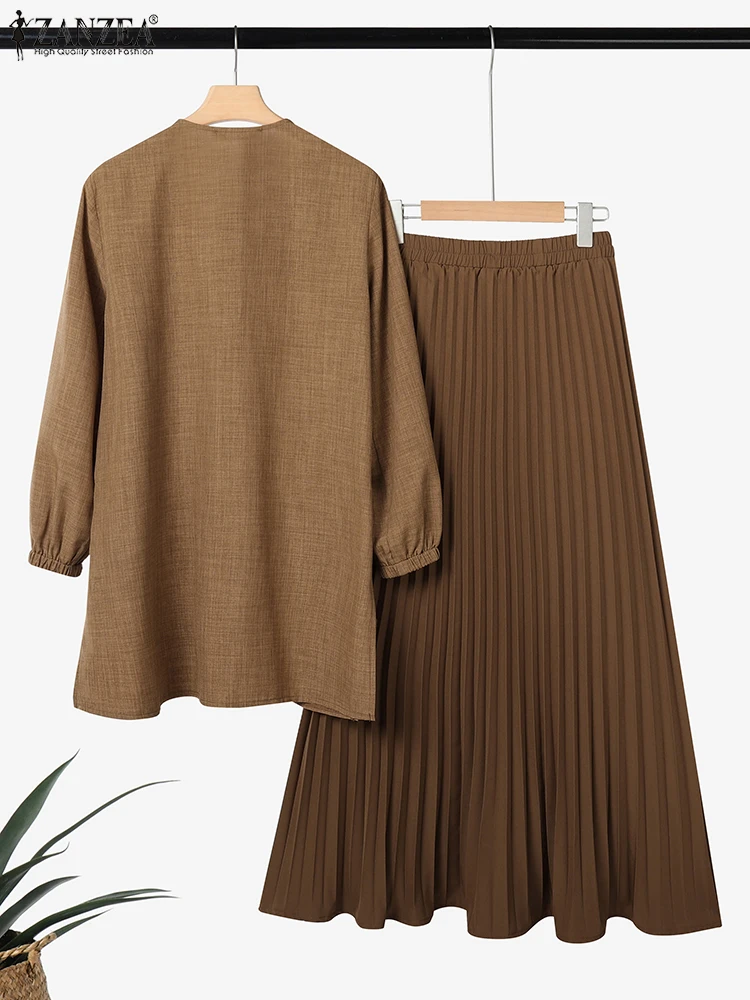 ZANZEA الخريف مسلم قطعتين مجموعات ملابس النساء عادية كم طويل بلوزات طويلة أطقم فساتين عباية دعوى دبي الحجاب رياضية 2025 #3
