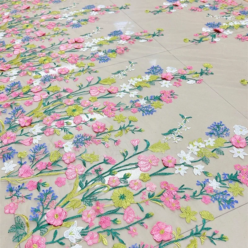 

3D Flowers Fabric Luxury Designer Embroidered Tulle Fabric Diy Wedding Dress Cloth Textile Mesh Flower Patch Sewing Lace Fabric