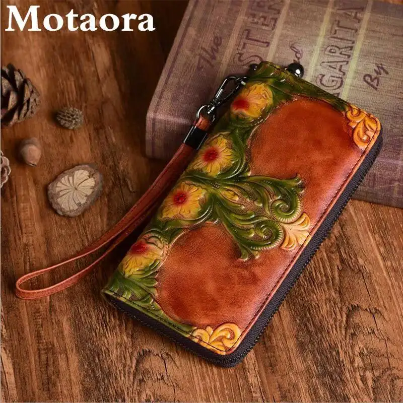 MOTAORA Women's Leather Wallet Long Clutch Purse Vintage Embossed Handmade Luxury Bags with Multi Card Slots Zipper Pocket Gift