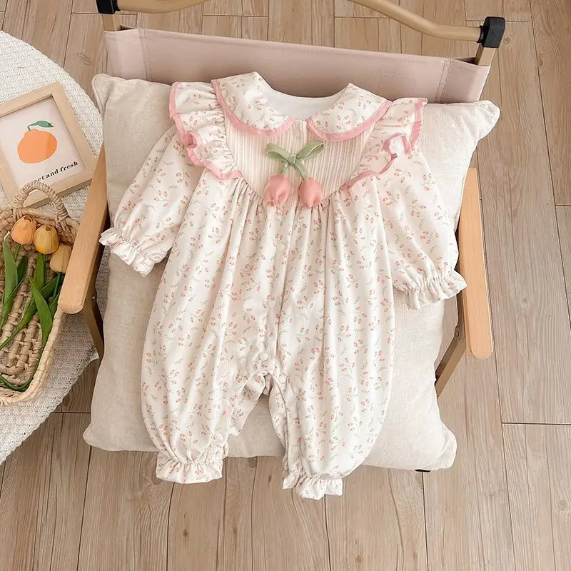 Baby Newborn Spring Fall Onesie Clothing Newborn Princess 1 Month Romper Double Layer Outdoor 100 Days