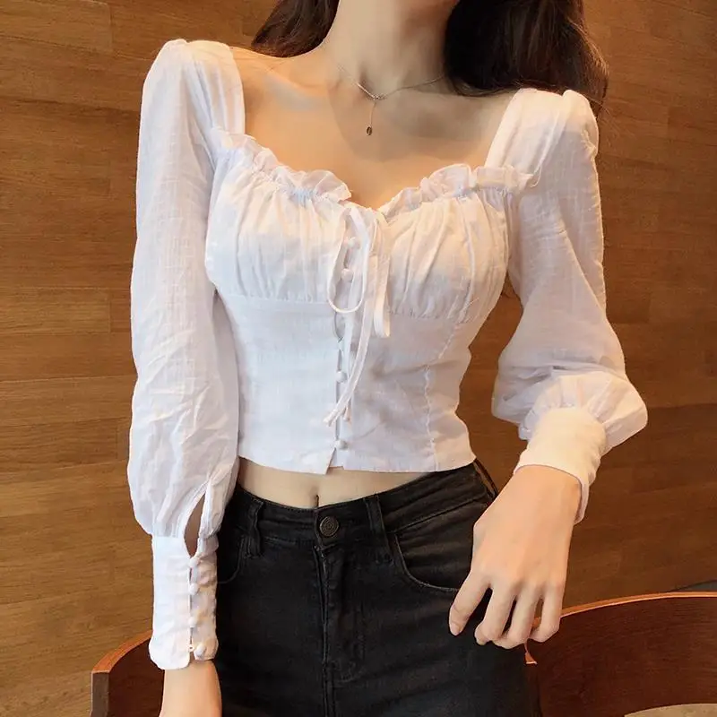 

Spring Basic Lace Y2k Crop Tops Woman Slim Pure Color Korean T-shirt Office Lady Casual Fashion Clothing Female Design