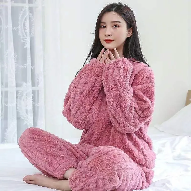 Women's Soft Cotton Fleece Loungewear, Coral Fleece Pajamas, Girls' Winter Thickened Fleece-Lined Warm Two-Piece Pajama Set