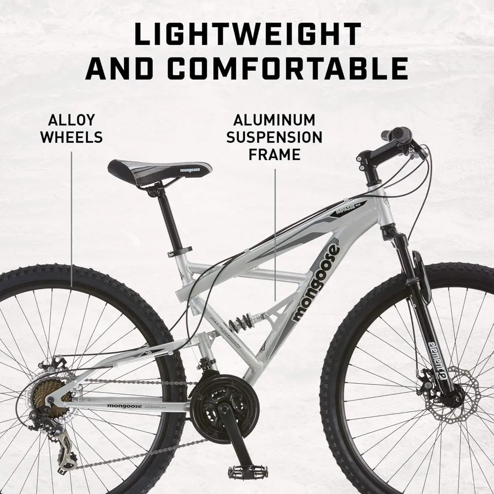 Full Suspension Mountain Bike,  18-Inch Aluminum Frame, 29-Inch Wheels, Front and Rear Disc Brakes, 21-Speed Rear Deraileur