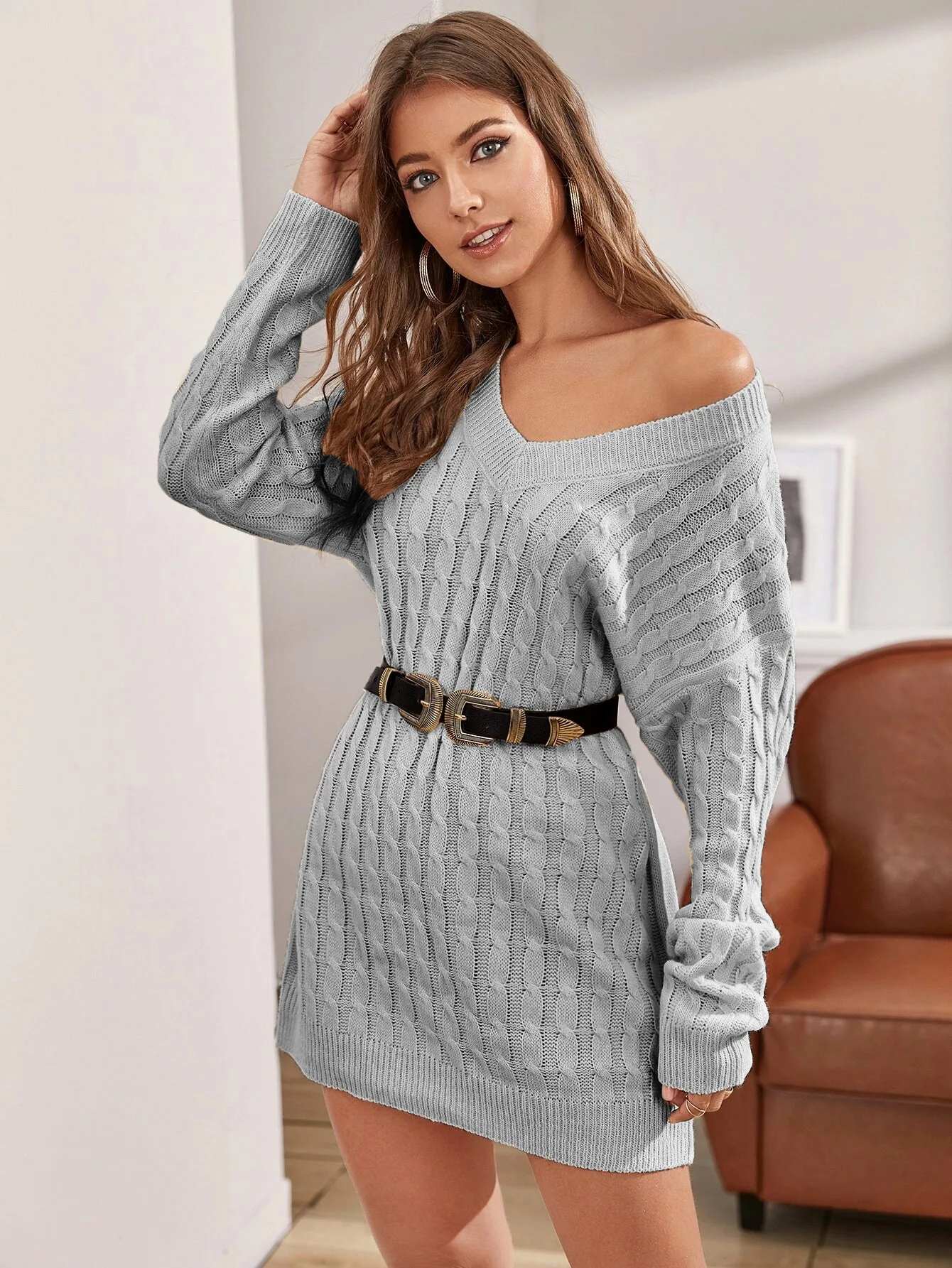 Knitted V-neck French Sexy Dress Fried Dough Twists Solid Color Medium Long Waisted Women's New Style