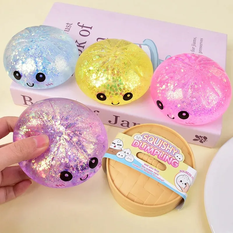 5.5cm Hot Glitter Dumpling Squishy with Box Dumplings Sensory Squeeze Toy for Stress Relief Fans Birthday Day Gifts