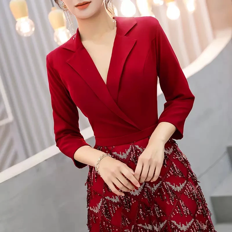 Customized Burgundy V-Neck Oriental Party Female Sequins Stage Show Tassel Qipao Elegant Celebrity Evening Dress Banquet Dresses