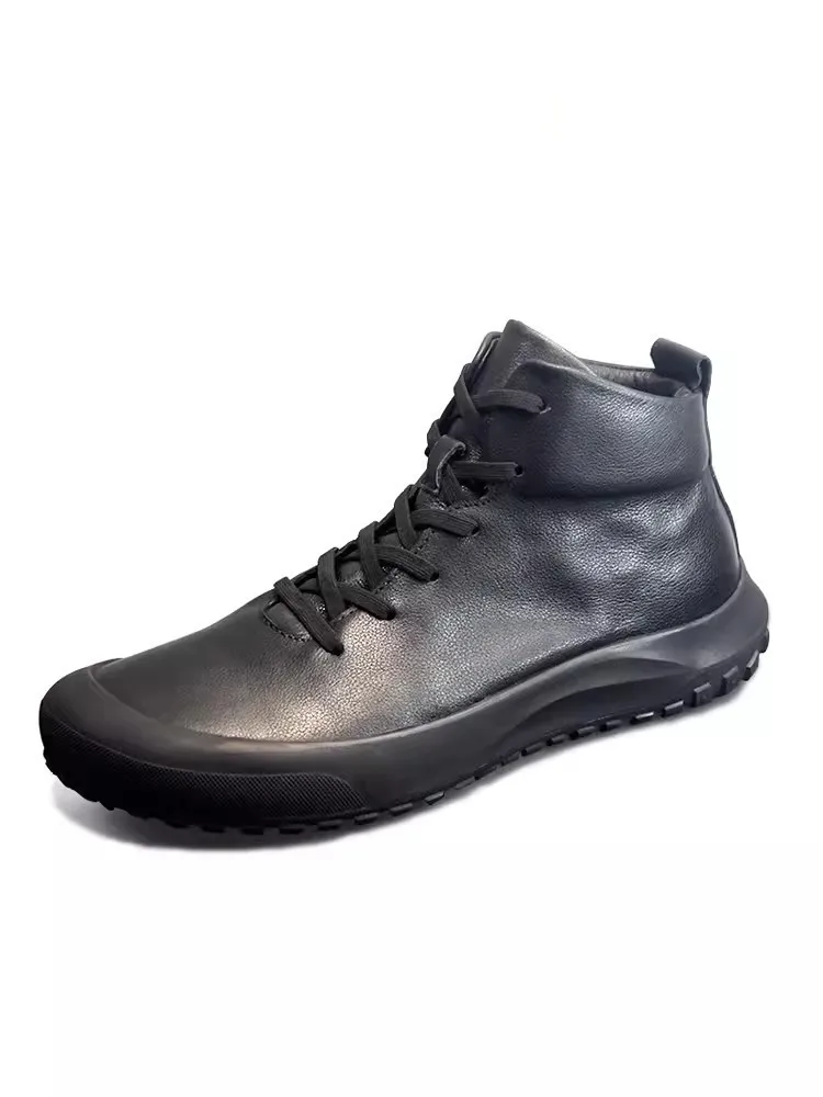 Designer Mens High Top Shoes Gothic Cowhide Genuine Leather Shoes Lace Up Round Toe Thick Bottom Solid Color Casual Sneakers