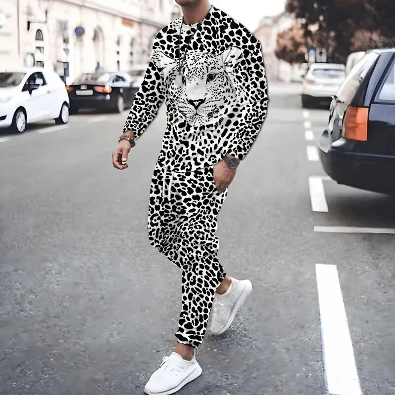 Men\'s Set 3D Animal Printing Long Sleeves Sportswear T-shirt+Pants 2Pcs set O-Neck Sweatshirt Jogger Sportswear 2 Piece Suit