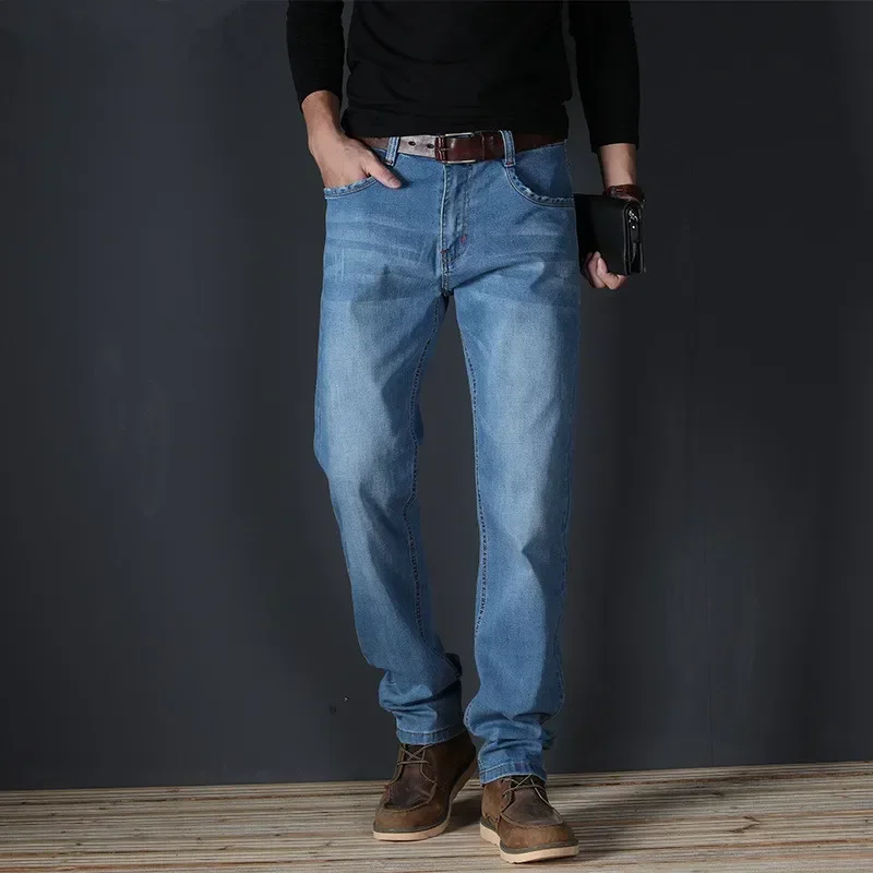 Autumn Jeans Men Black Straight Loose Stretched Plus Size 40 46 48 Fit Scratched Denim Trousers Male Thick Elastic Pencil Pants